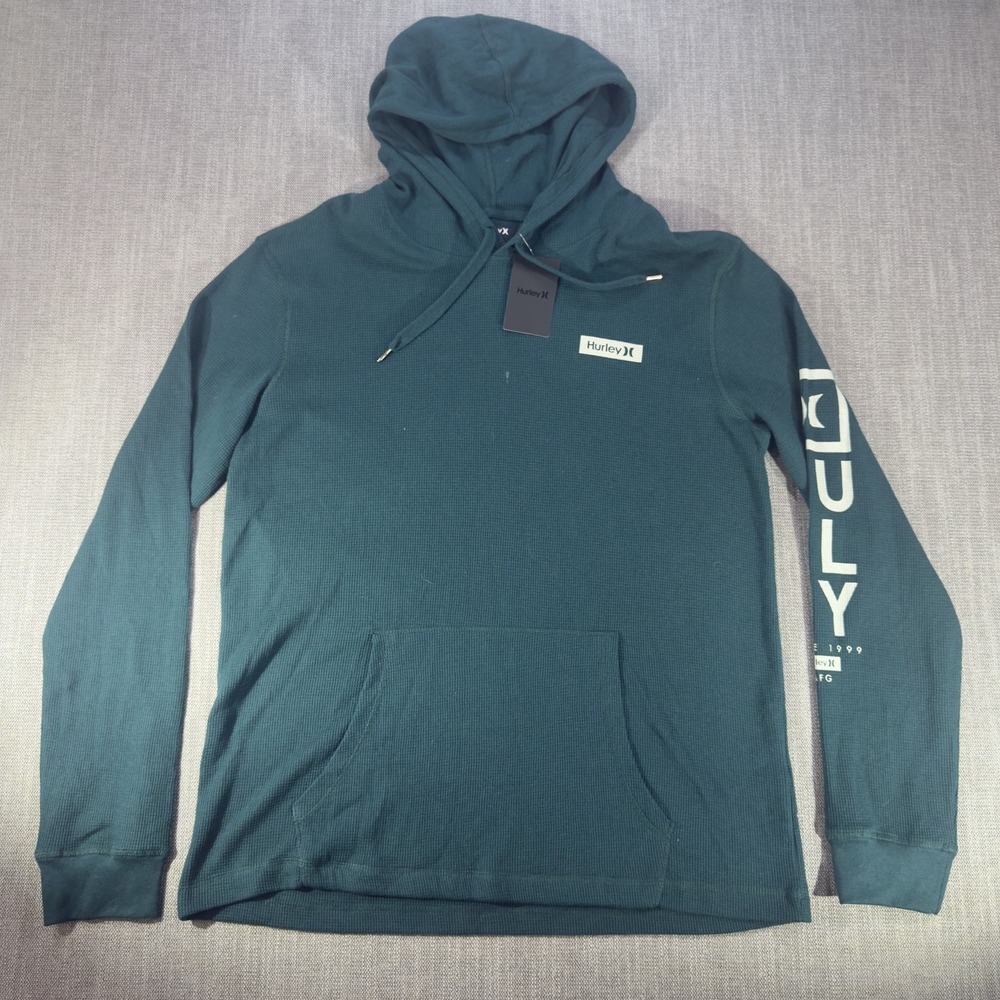 Hurley Hoodie Mens Large Green Thermal Waffle Knit Pullover Logo Graphic
